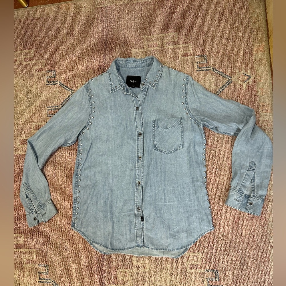 Rails studded linen & tencel button down long sleeve denim shirt size xs